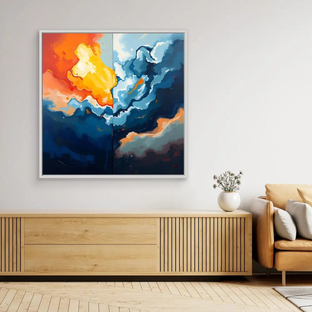 Abstract painting featuring swirling orange and blue clouds in a dramatic sky composition.