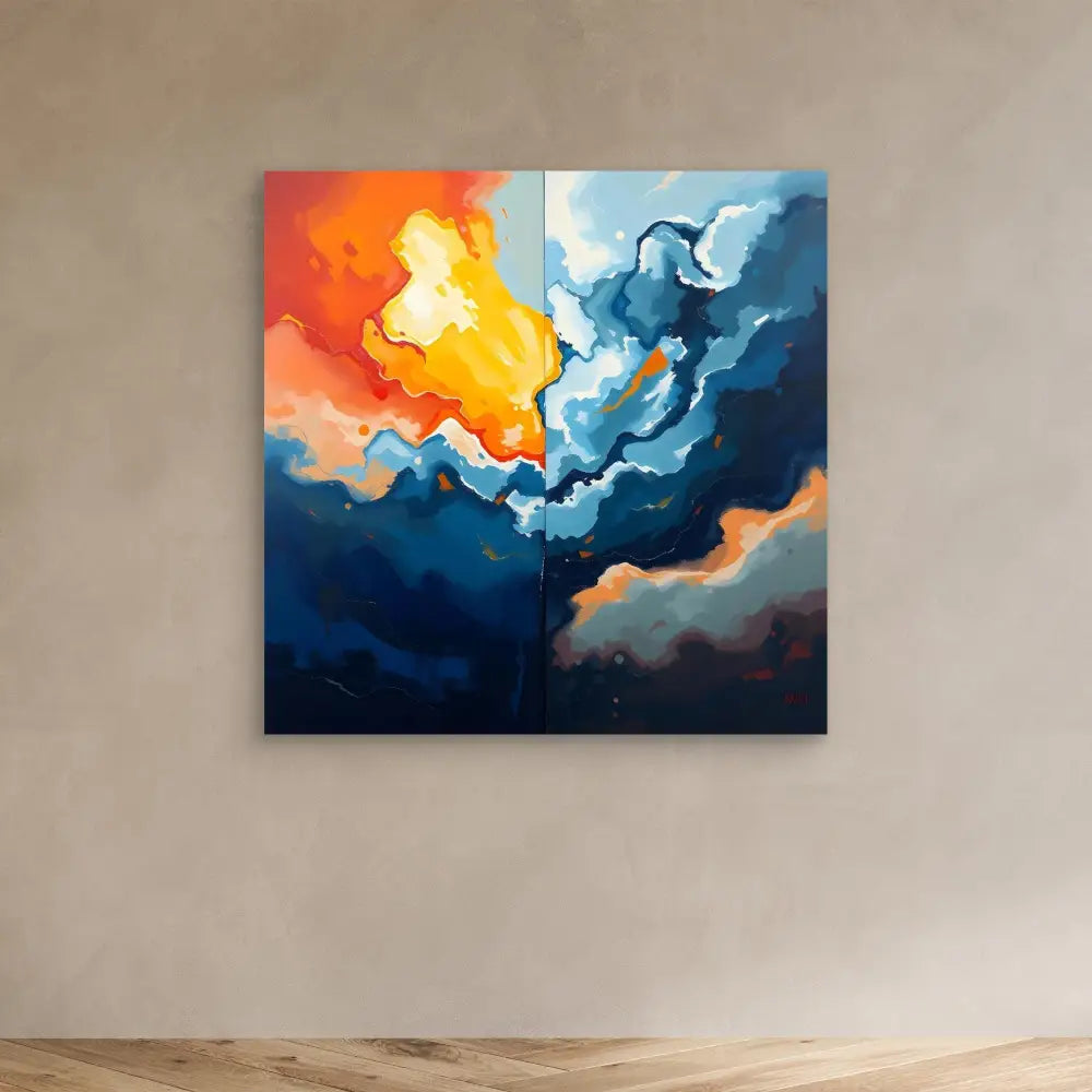 Abstract painting featuring swirling orange and blue clouds meeting in a dramatic contrast.