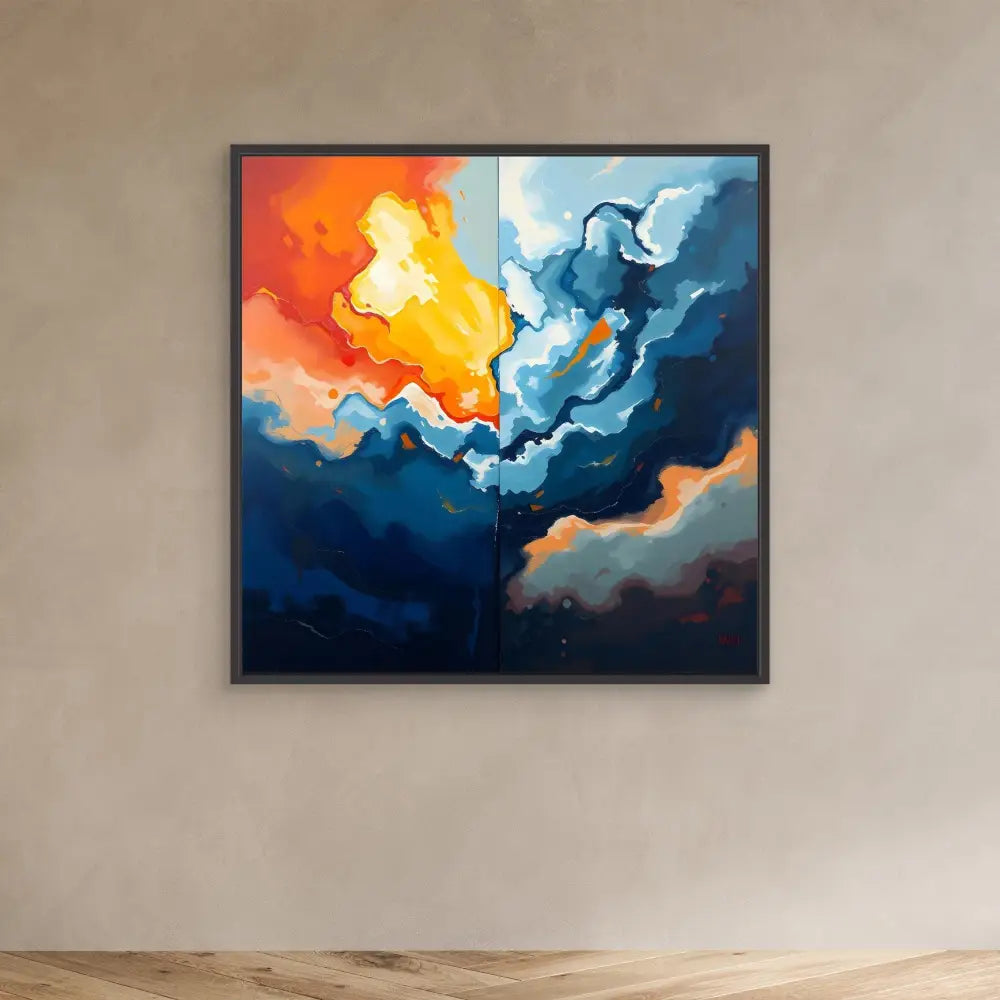 Abstract painting featuring swirling orange and blue clouds in a dramatic contrast.