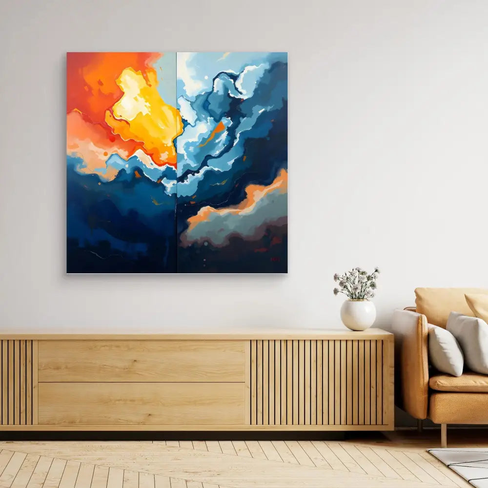 Abstract painting featuring swirling orange and blue clouds in a dramatic sky composition.