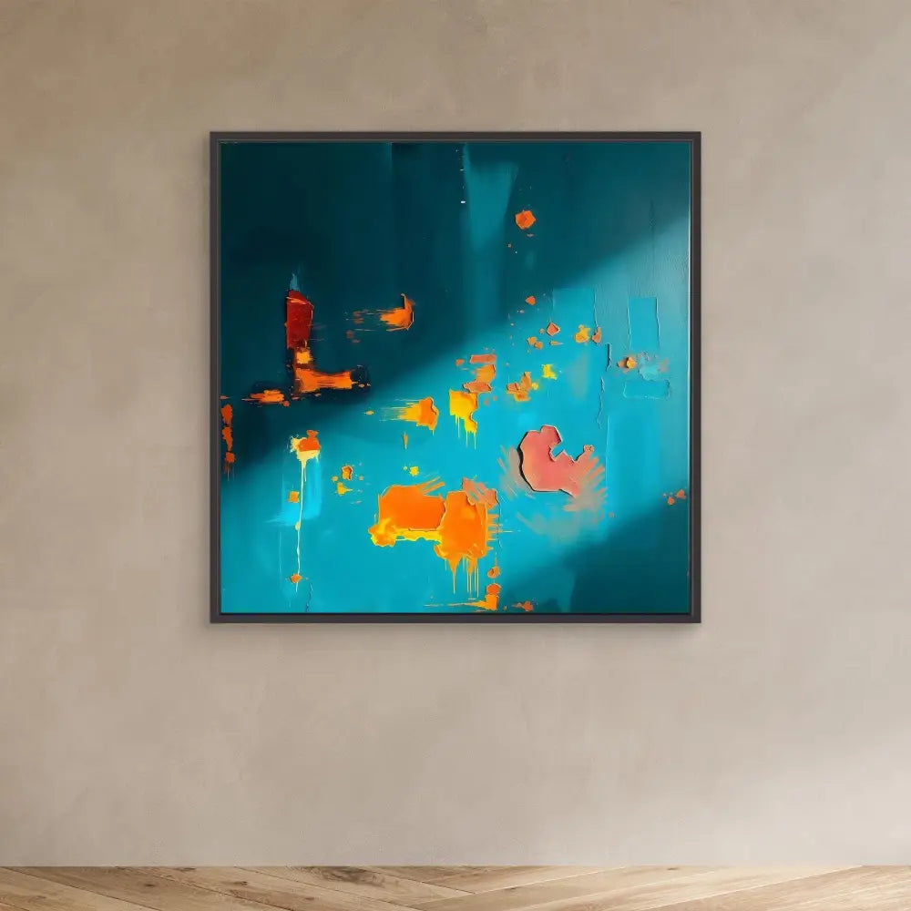 Abstract painting featuring orange and coral shapes against a turquoise background.