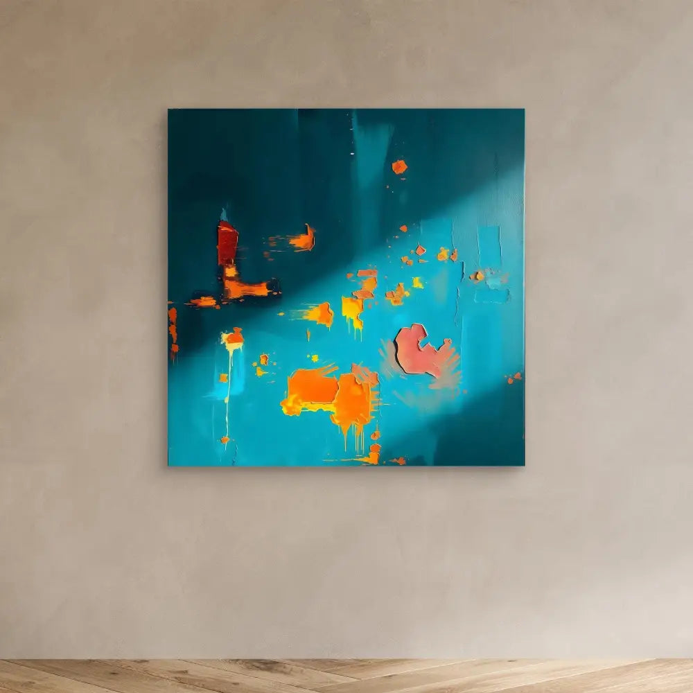 Abstract painting featuring orange and coral shapes against a turquoise background.