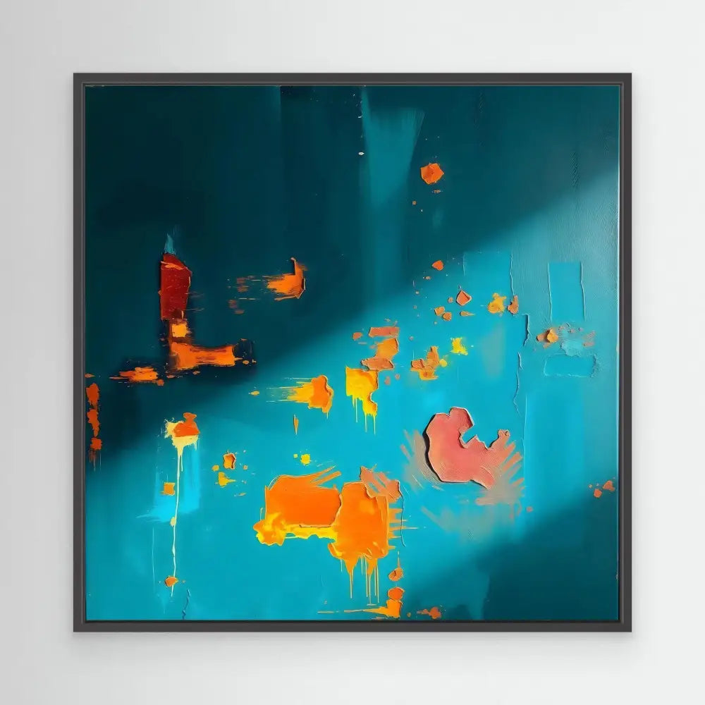 Abstract painting featuring orange and coral splashes against a turquoise backdrop.