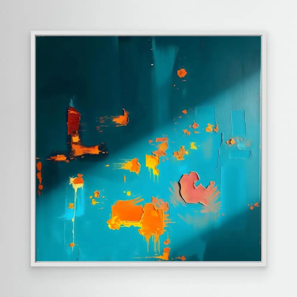 Abstract painting with orange and coral splatters on a turquoise background.