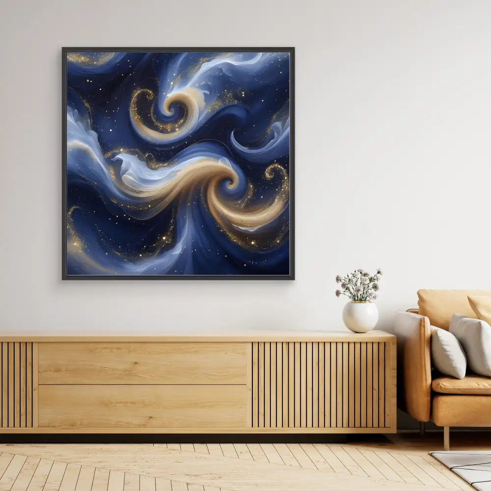 Abstract painting featuring swirling patterns of blue and gold against a starry cosmic background.