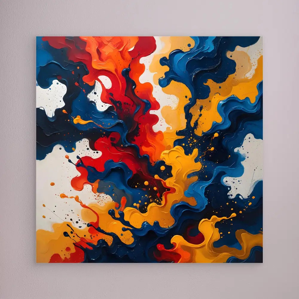 Abstract painting featuring swirling patterns in navy blue, orange, red, and white colors.