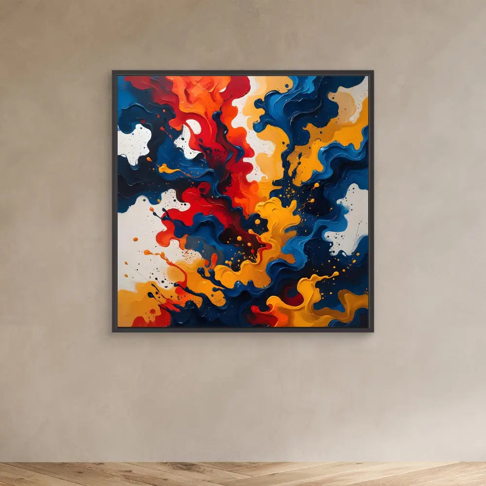 Abstract painting featuring swirling patterns in navy blue, orange, red and white colors.