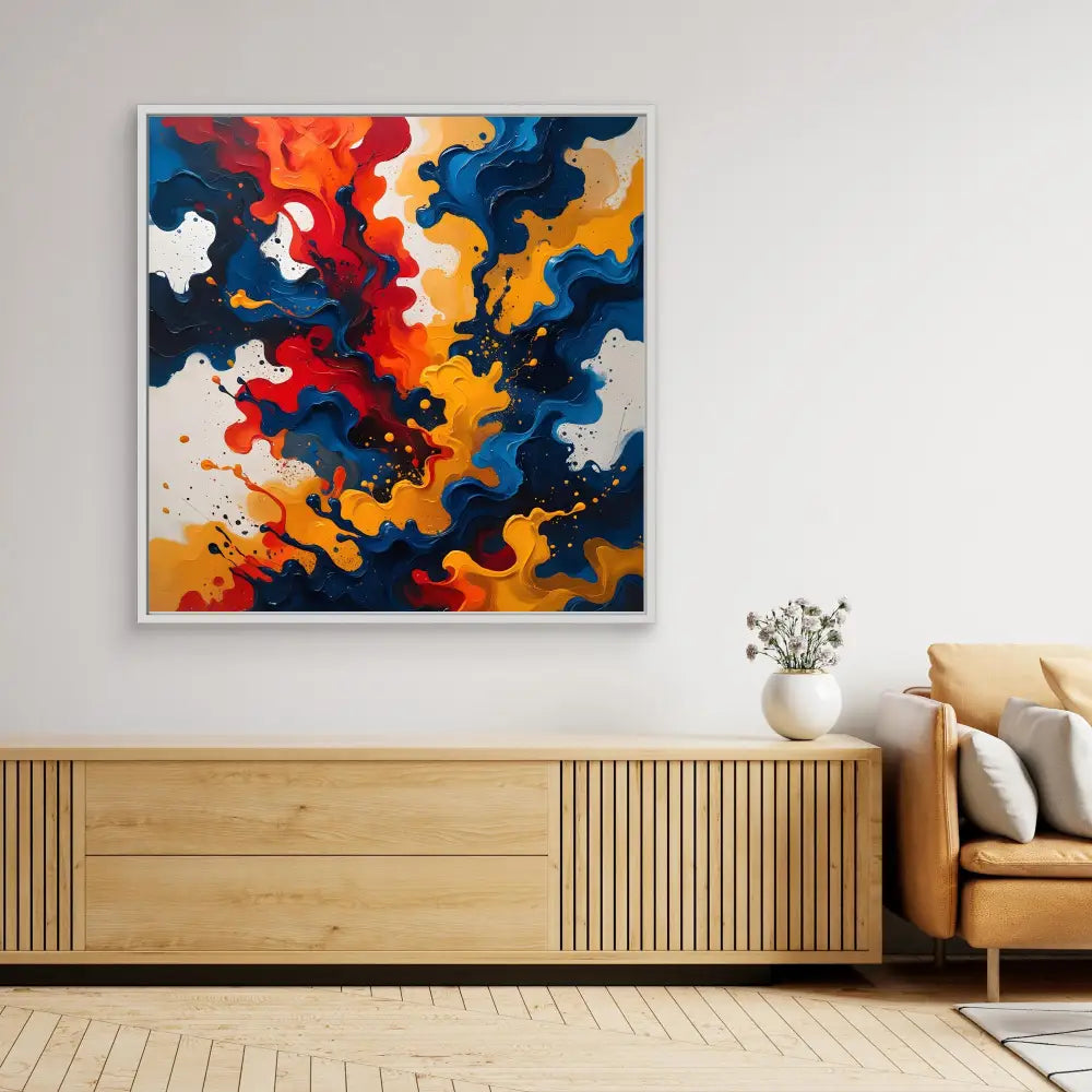 Abstract painting featuring swirling patterns in navy blue, orange, red and white colors.