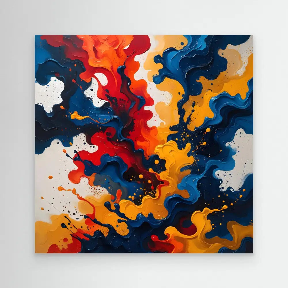 Abstract painting featuring swirling patterns in navy blue, orange, red, and white colors.