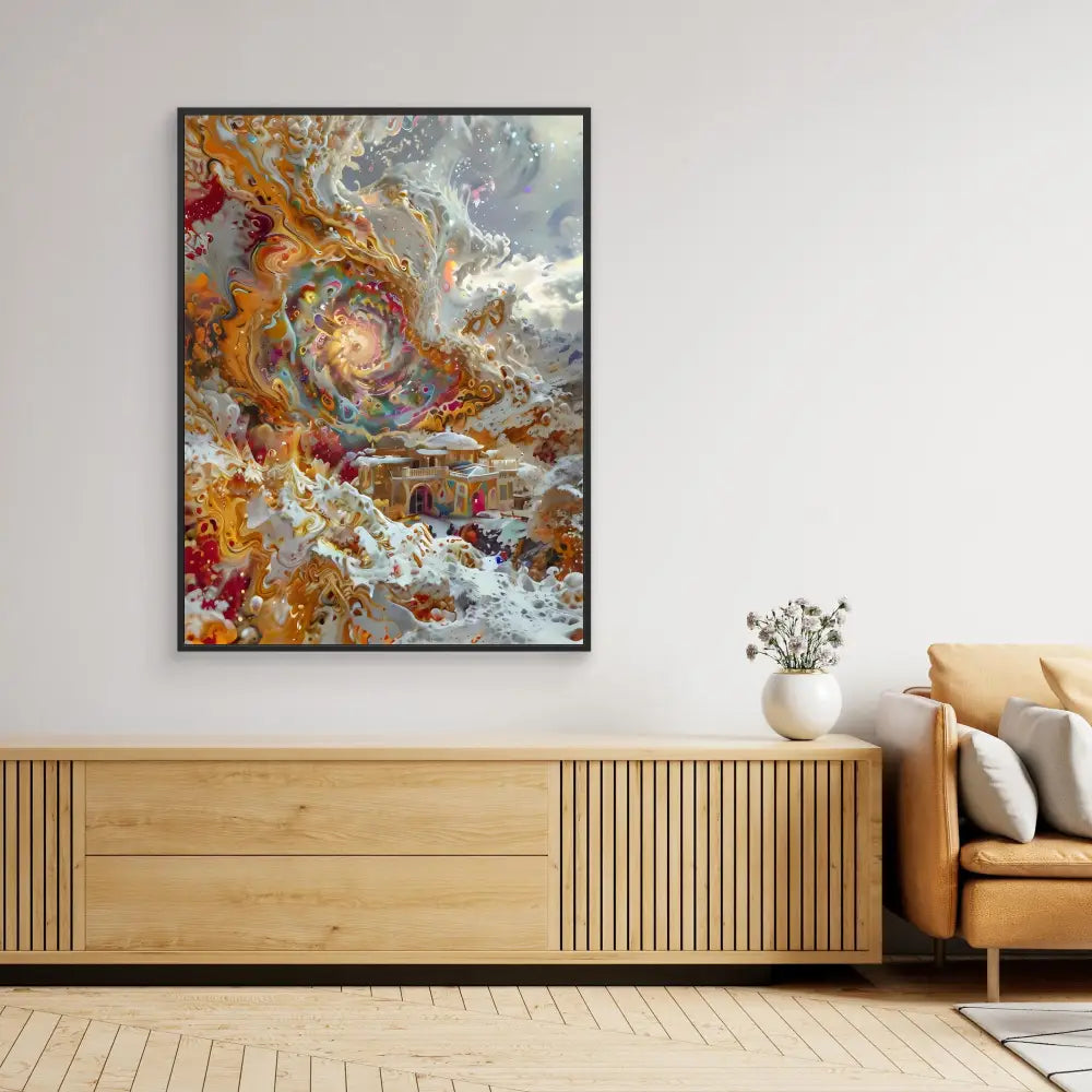 Abstract painting featuring swirling patterns in orange, gray, and white tones.