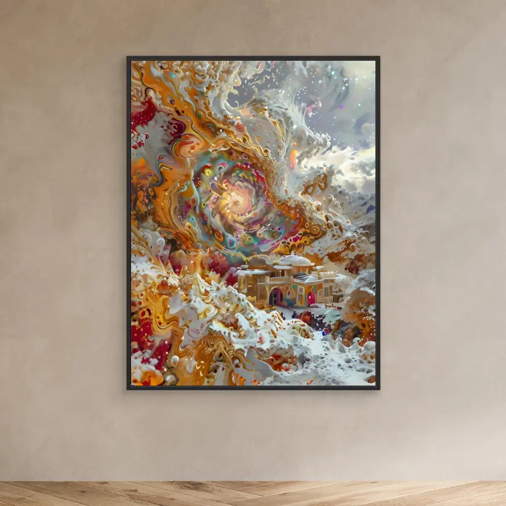 Abstract painting featuring swirling patterns in orange, red, gray and white with a spiral-like focal point.