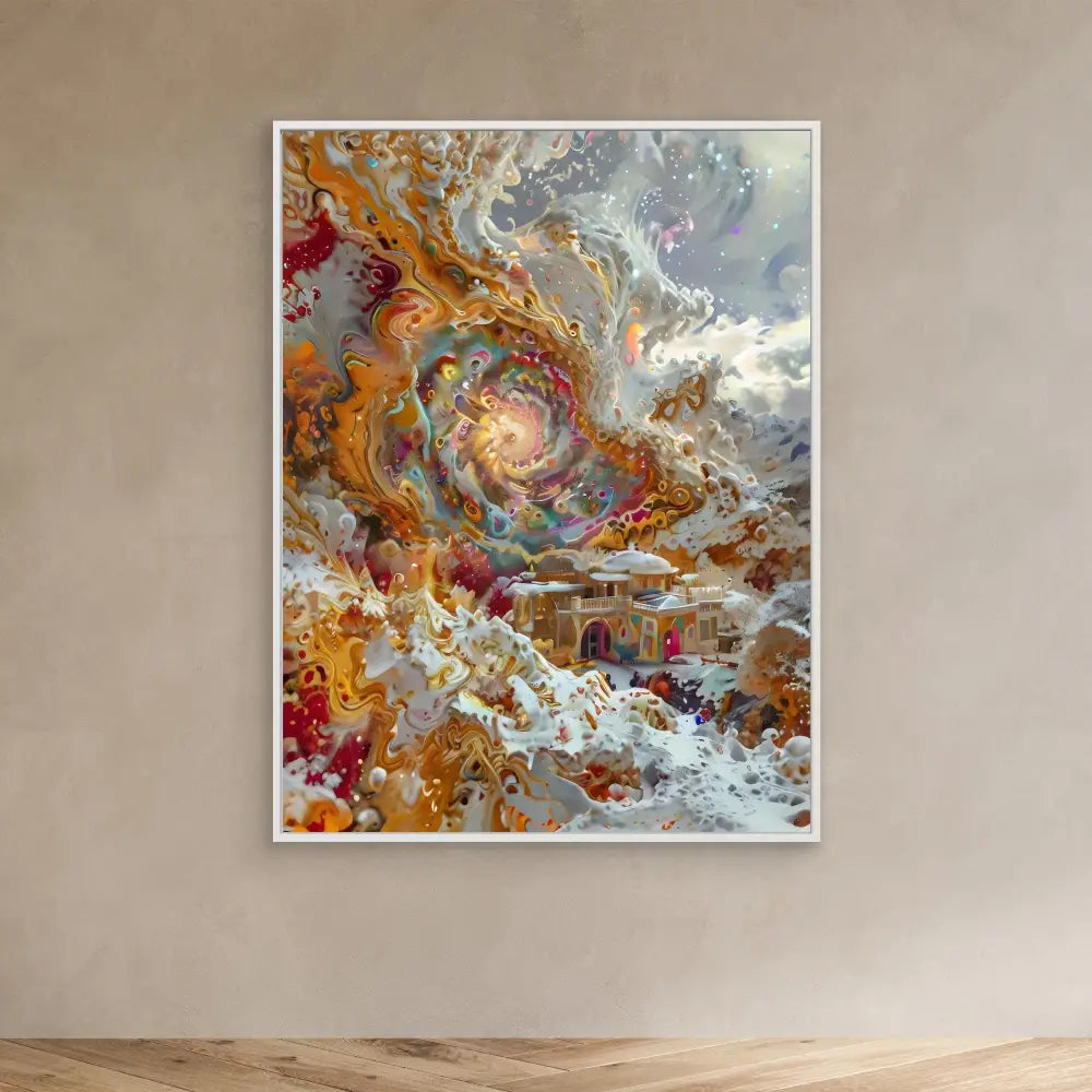 Abstract painting featuring swirling patterns in orange, red, gray and white with a spiral-like focal point.