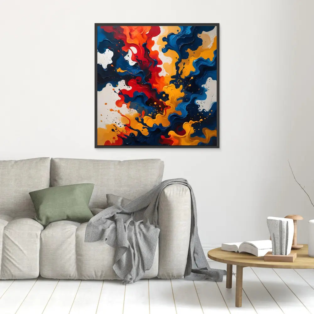 Abstract painting featuring swirling patterns in red, blue, orange and white colors.