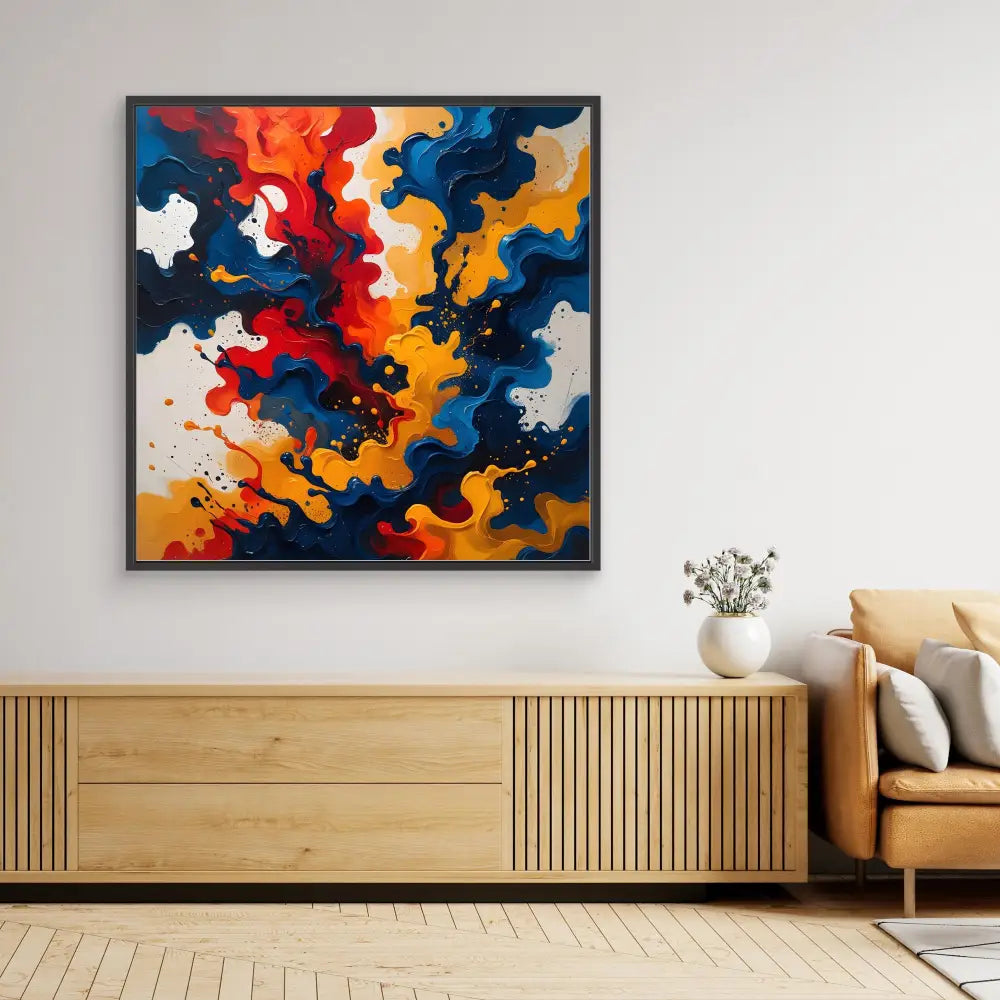 Abstract painting featuring swirling patterns in red, yellow, navy blue, and white colors.