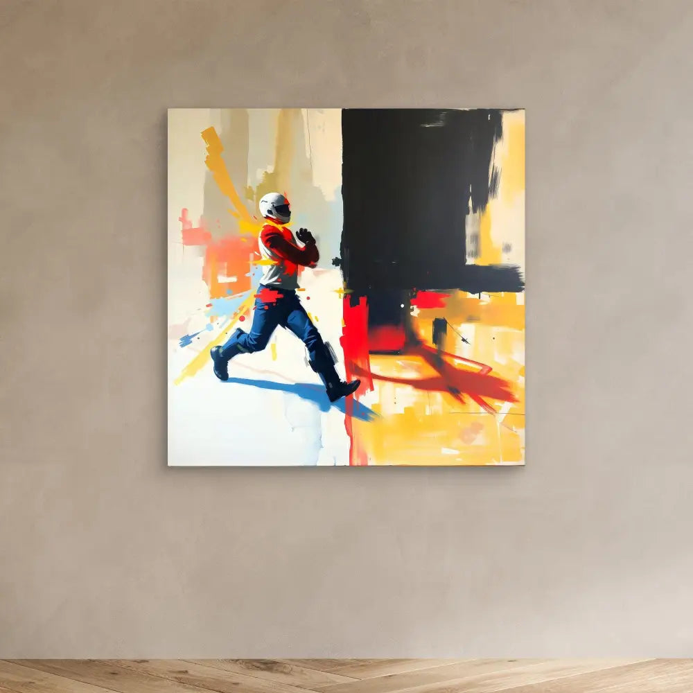 Abstract painting of a person running in vibrant red, yellow and black colors.