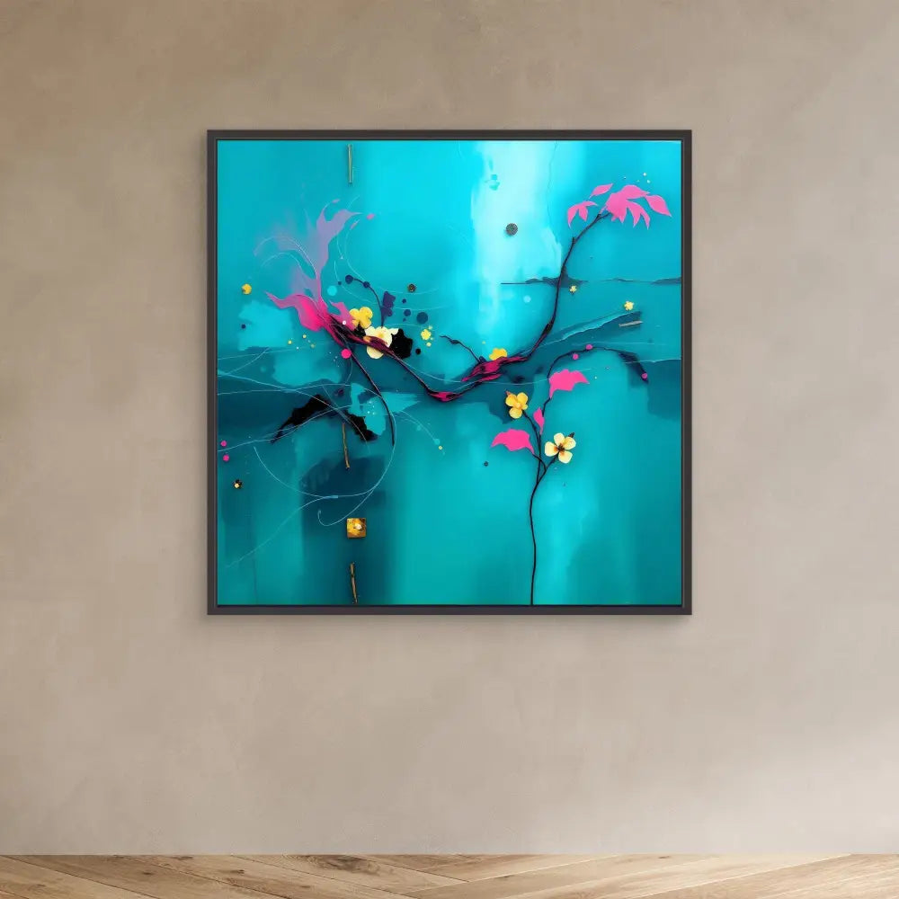 Abstract painting featuring pink flowers and yellow accents on a turquoise background.