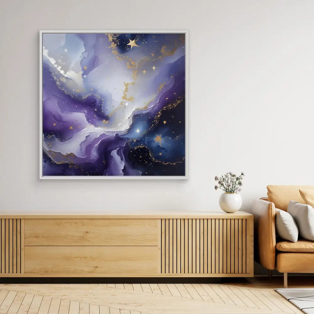 Abstract painting featuring swirling purple and blue cosmic clouds with golden stars.