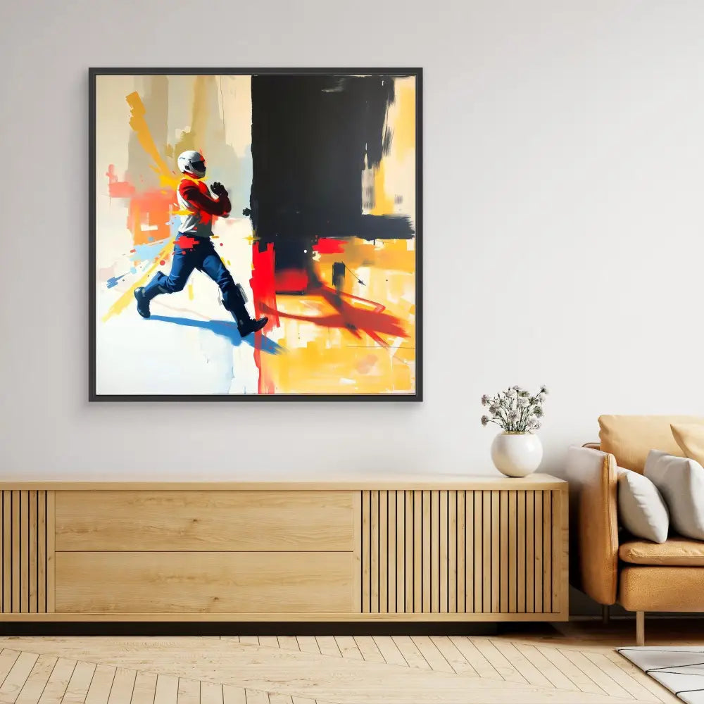 Abstract painting of a runner in motion against colorful brushstrokes.