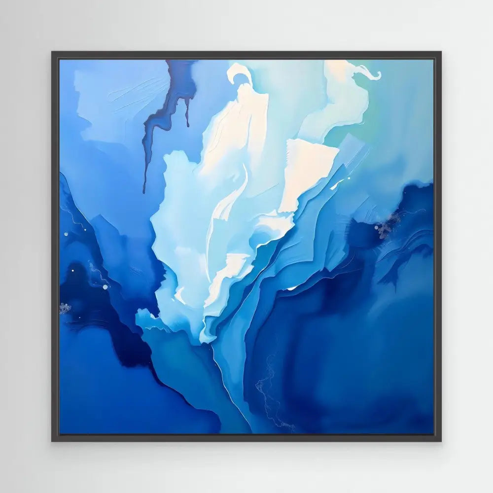 Abstract painting featuring flowing shades of blue and white in a fluid, ethereal pattern.