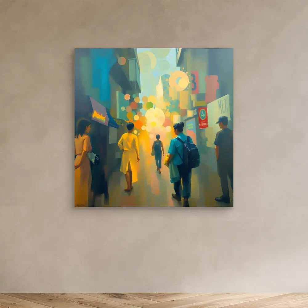 Abstract painting of silhouetted figures walking on a city street at night with glowing lights.