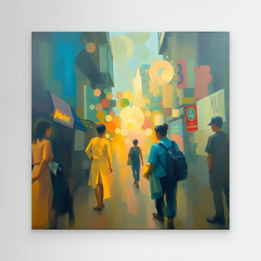 Abstract painting of silhouetted figures walking through a city street at night with glowing lights.