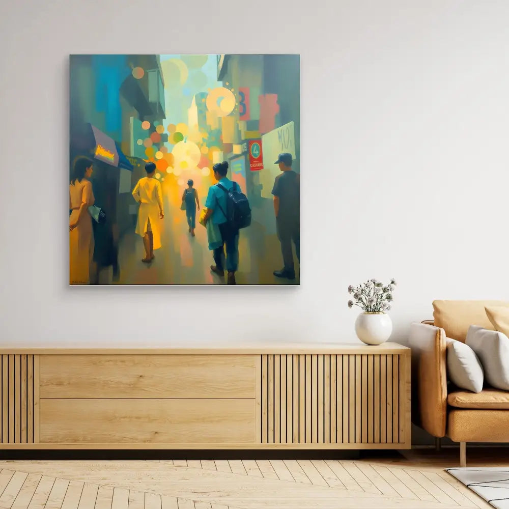 Abstract painting depicting silhouetted figures walking through a colorful city street.