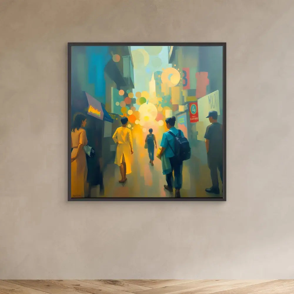 Abstract painting of silhouetted figures walking on a colorful city street.