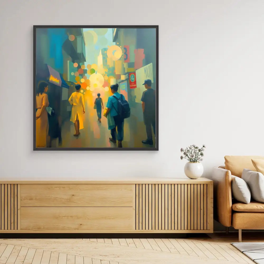 Abstract painting of silhouetted figures walking through a colorful city street.