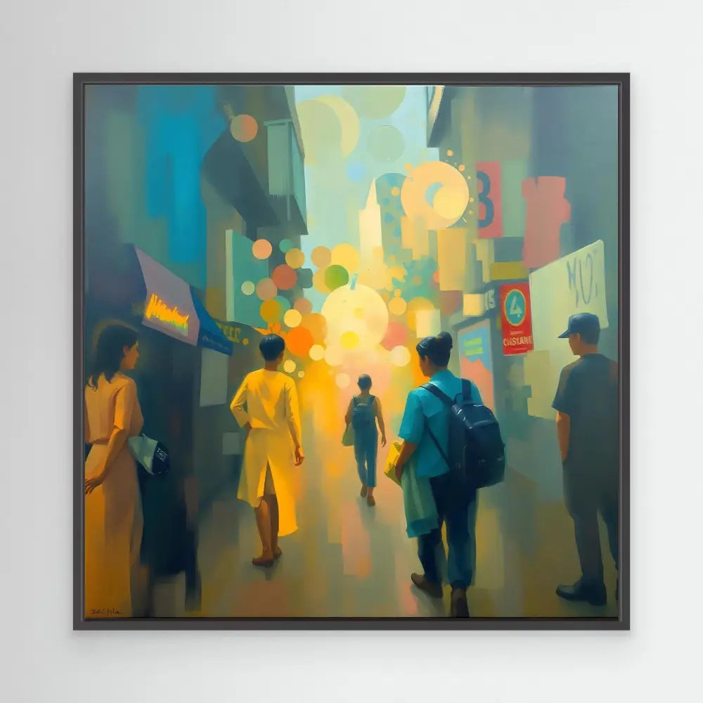 Abstract painting of silhouetted figures walking through a colorful city street at night.