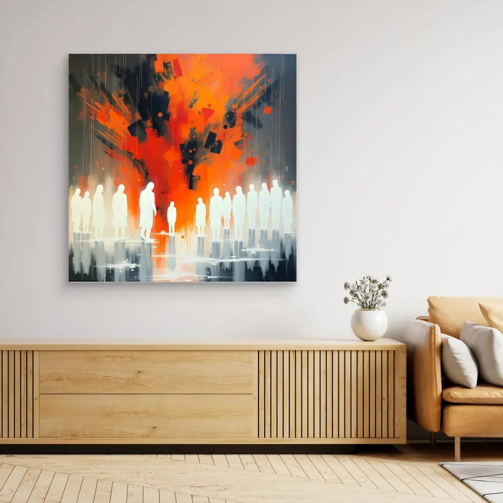 Abstract painting featuring silhouetted figures against a dramatic orange and black explosion-like background.