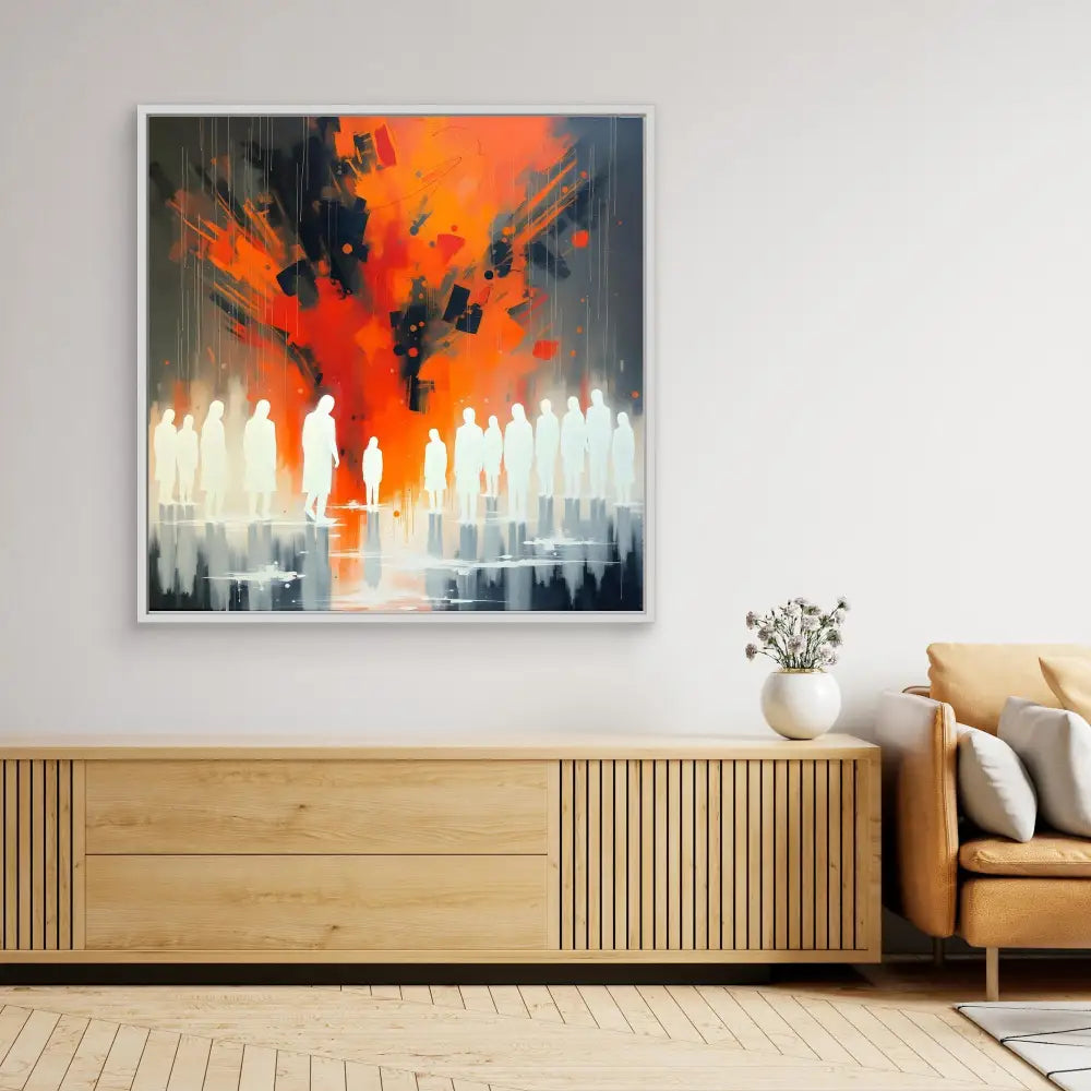 Abstract painting featuring silhouetted figures against a dramatic orange and black explosion-like background.