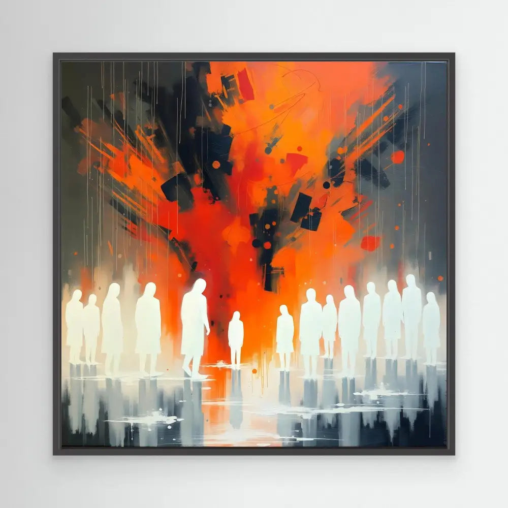 Abstract painting depicting silhouetted figures against a fiery orange sky with floating debris.