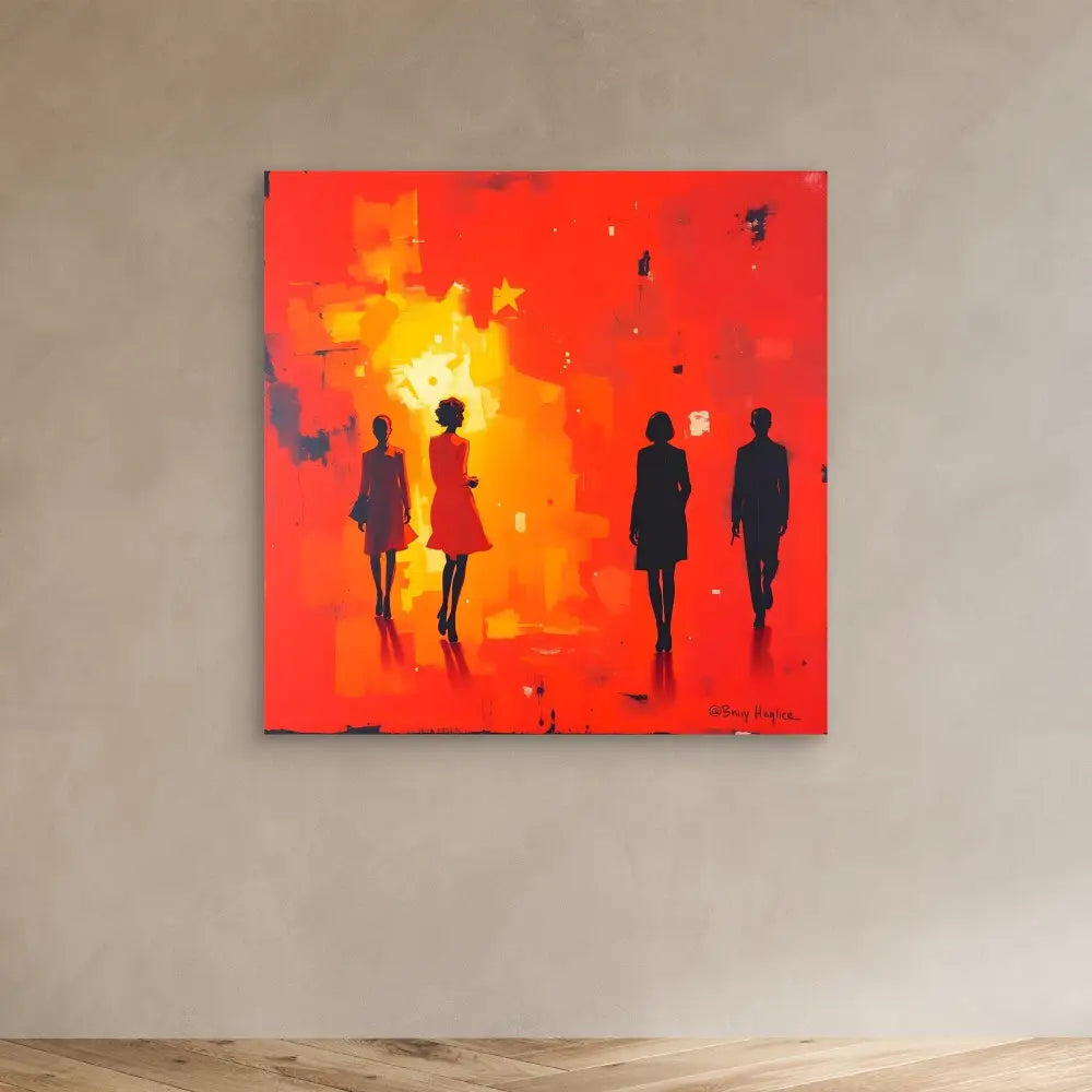 Abstract painting of silhouetted figures walking against a vibrant red-orange background.