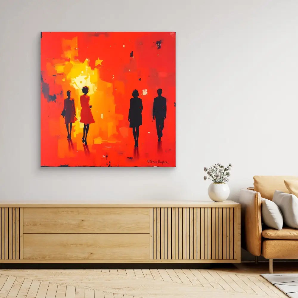 Abstract painting featuring silhouetted figures against a vibrant red and orange background.