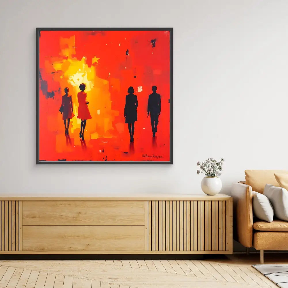 Abstract painting featuring silhouetted figures against a vibrant red and orange background.