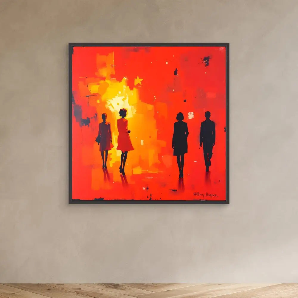 Abstract painting featuring silhouetted figures against a vibrant red and orange background.