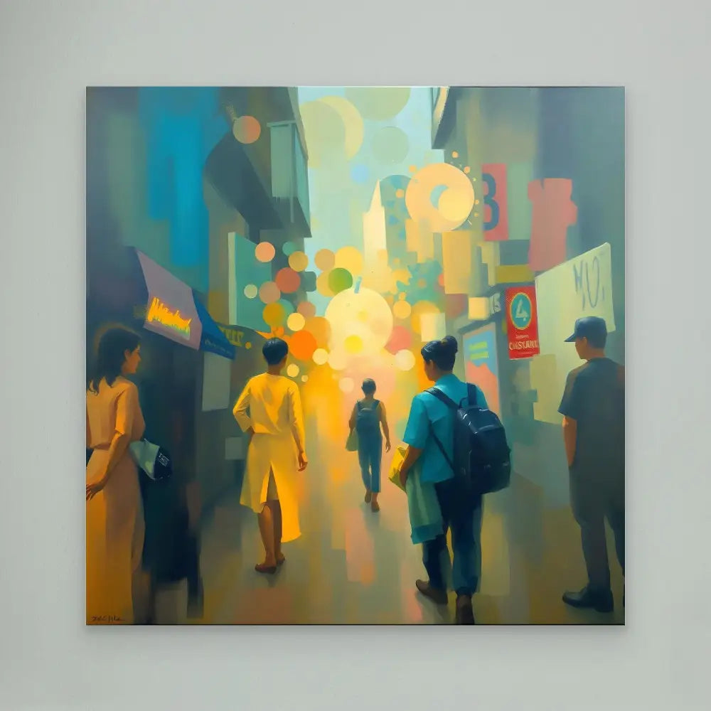 Abstract painting of silhouetted people walking on a city street at dusk with glowing lights.