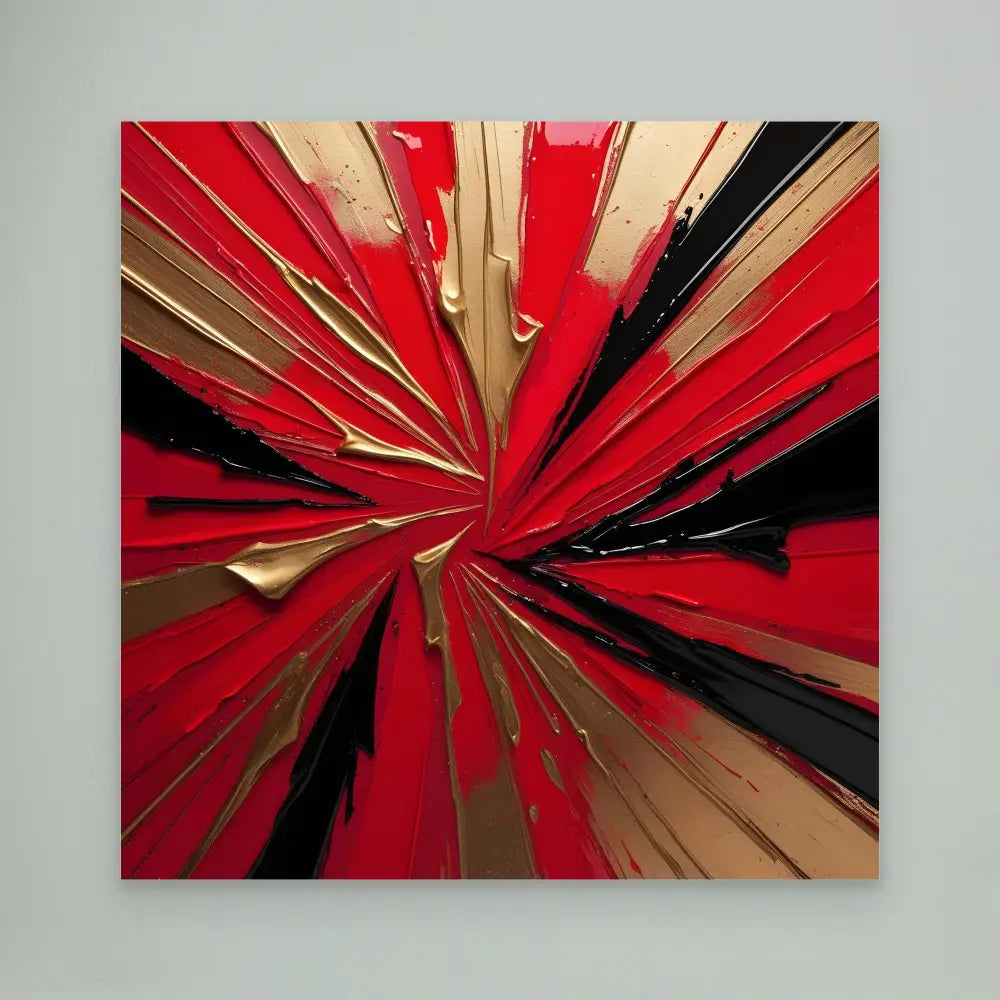 Abstract painting featuring radiating streaks of red, black, and gold colors bursting from a central point.