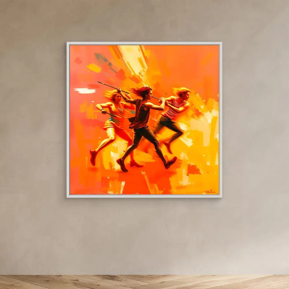 Abstract painting of three figures running together in vibrant orange and yellow tones.