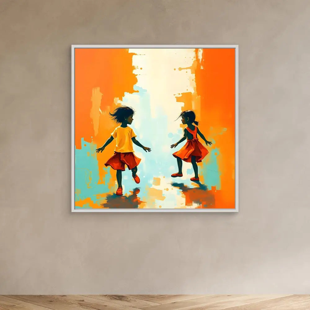 Abstract painting of two children dancing in orange dresses.