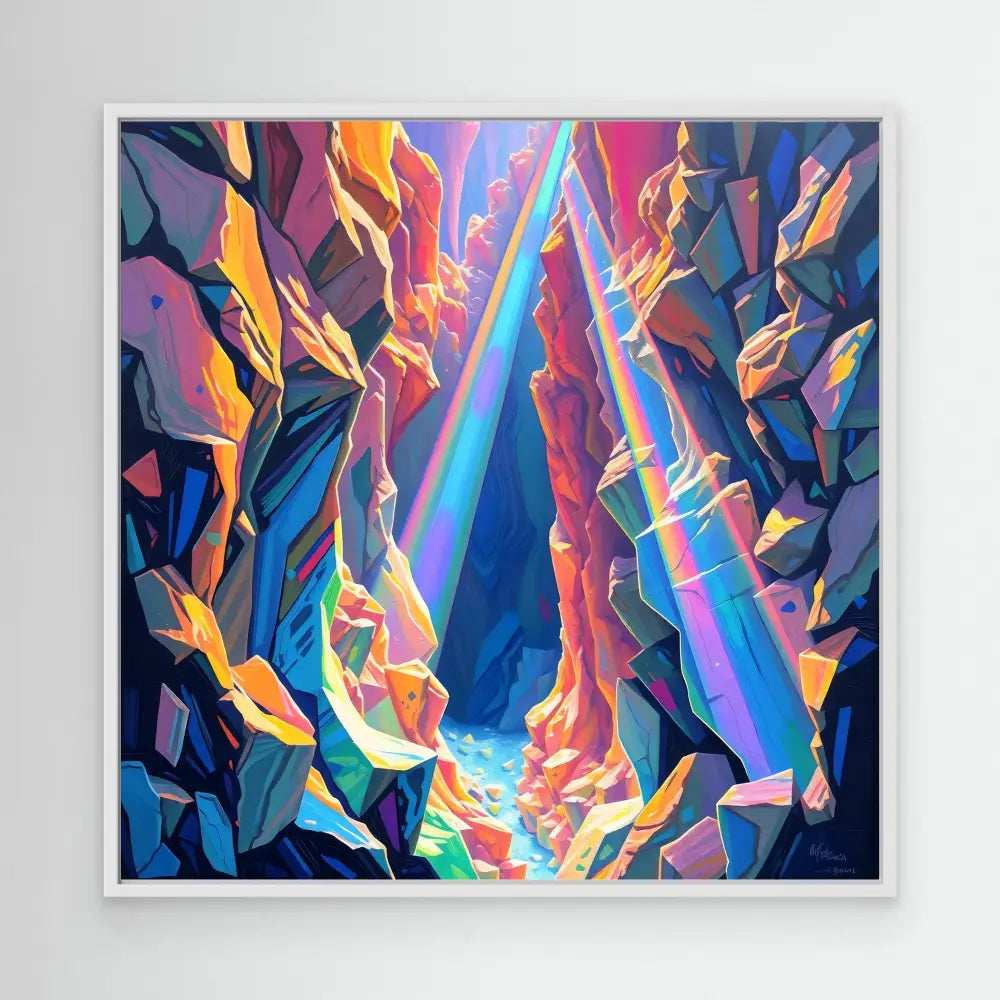 Abstract painting featuring vibrant angular shapes and light beams in blues, pinks, and oranges.