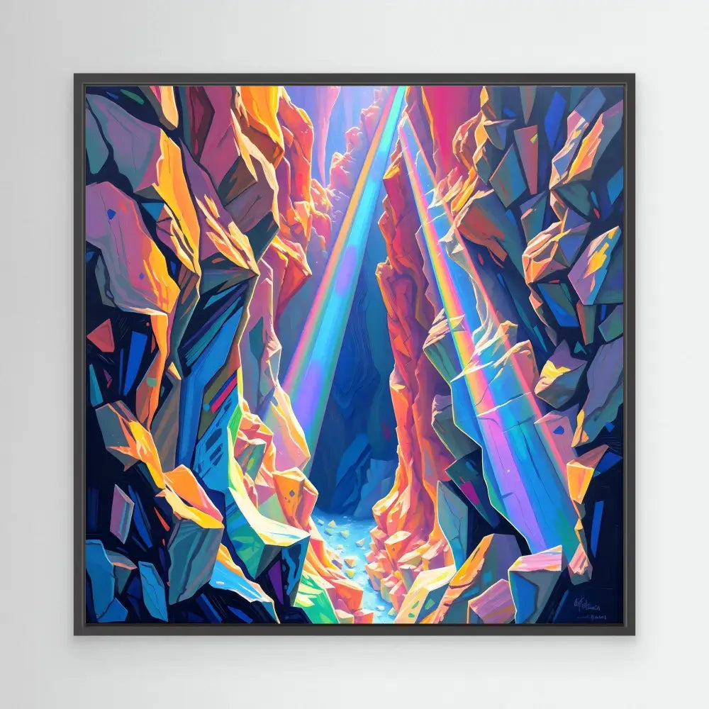 Abstract painting featuring vibrant angular shapes and light beams in blues, pinks, and oranges.