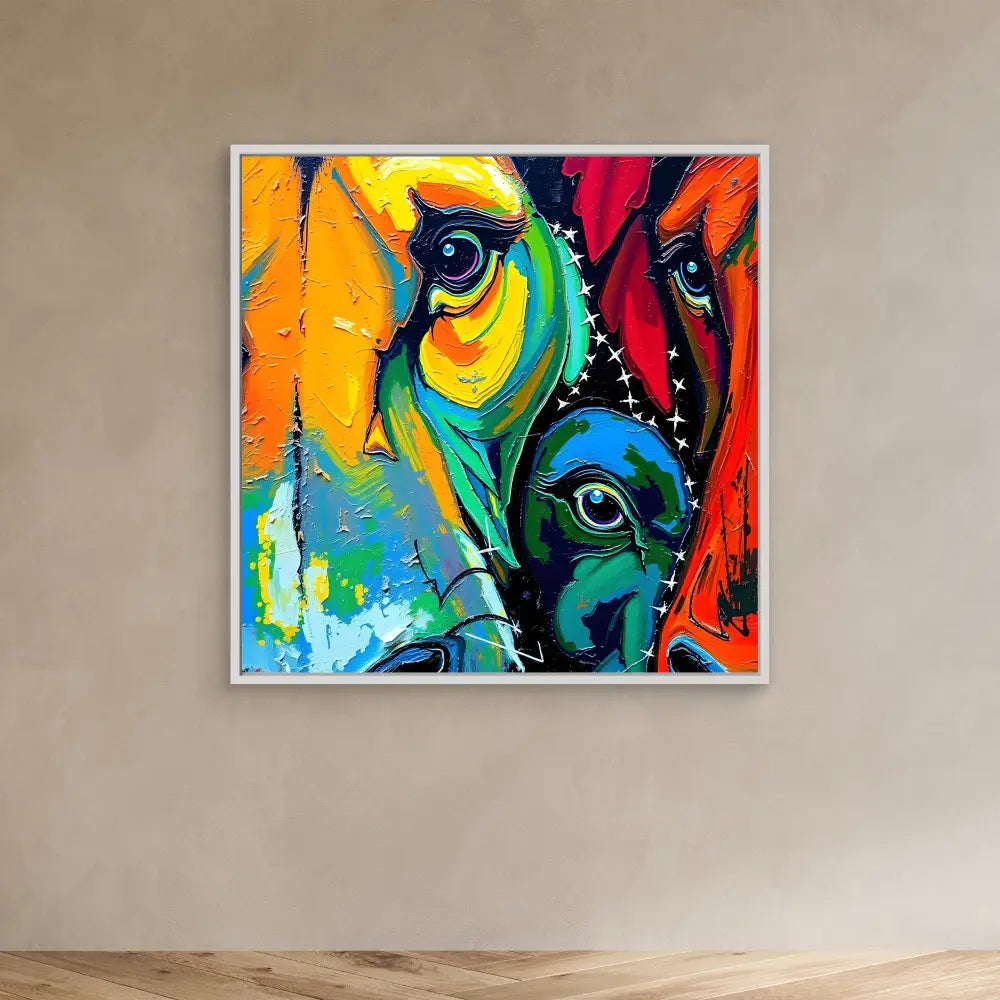 Abstract painting featuring vibrant horse faces in bold colors like turquoise, orange, red and yellow.