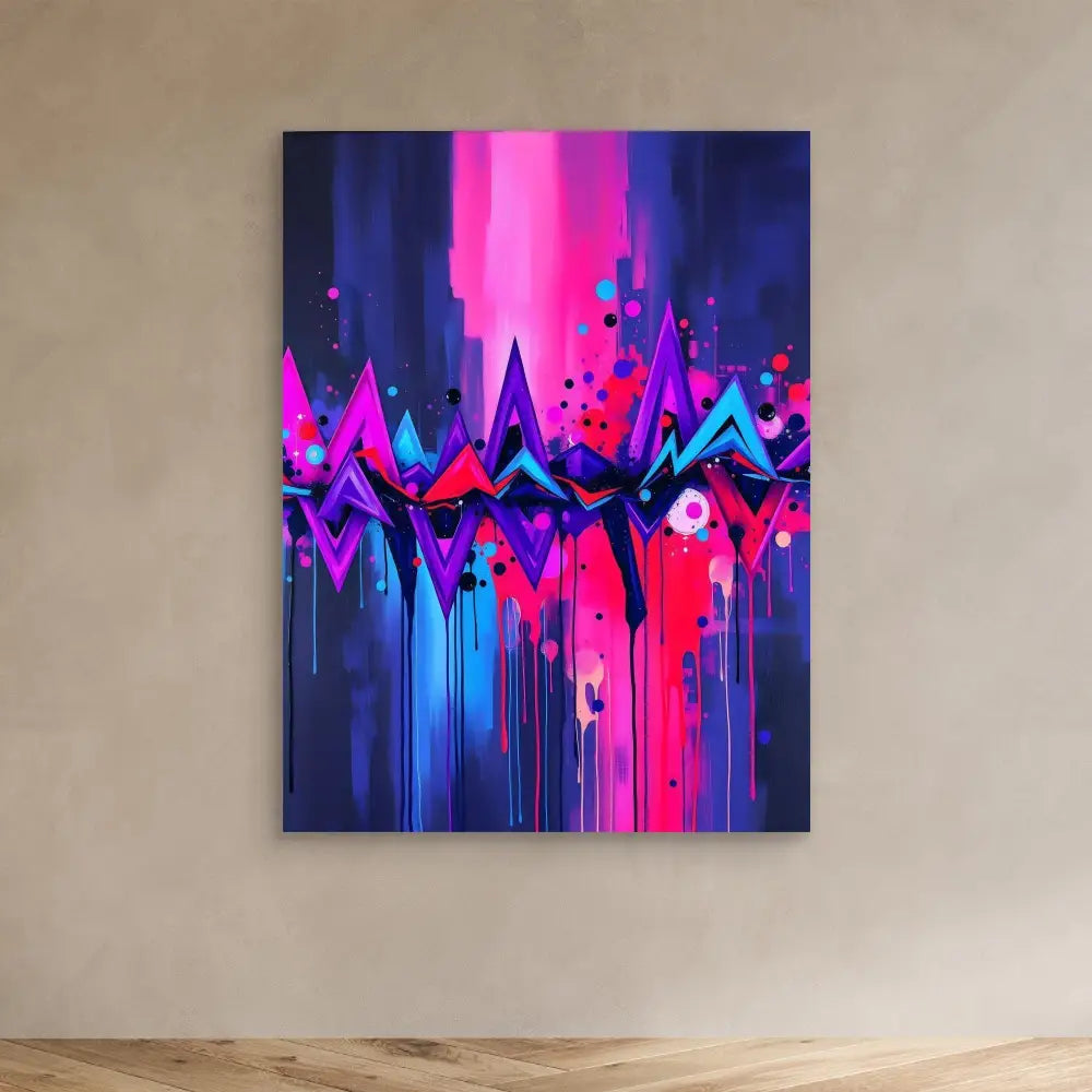 Abstract painting featuring vibrant dripping neon colors and geometric mountain-like shapes.