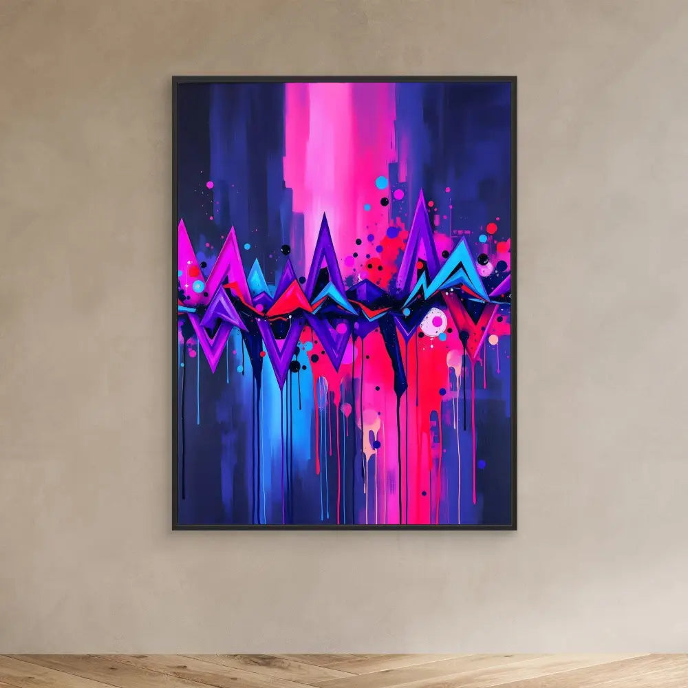 Abstract painting featuring vibrant dripping neon colors with geometric mountain-like shapes.