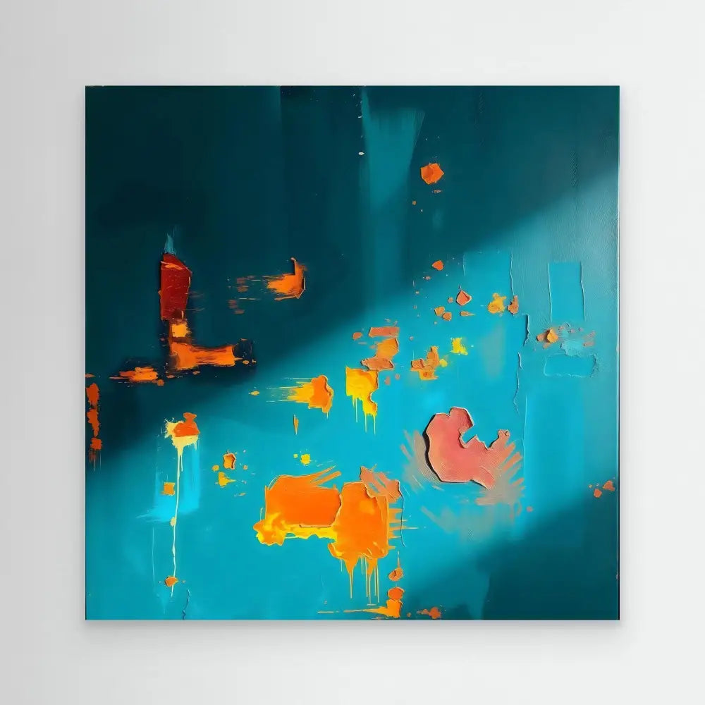 Abstract painting with vibrant orange and coral splatters against a turquoise backdrop.