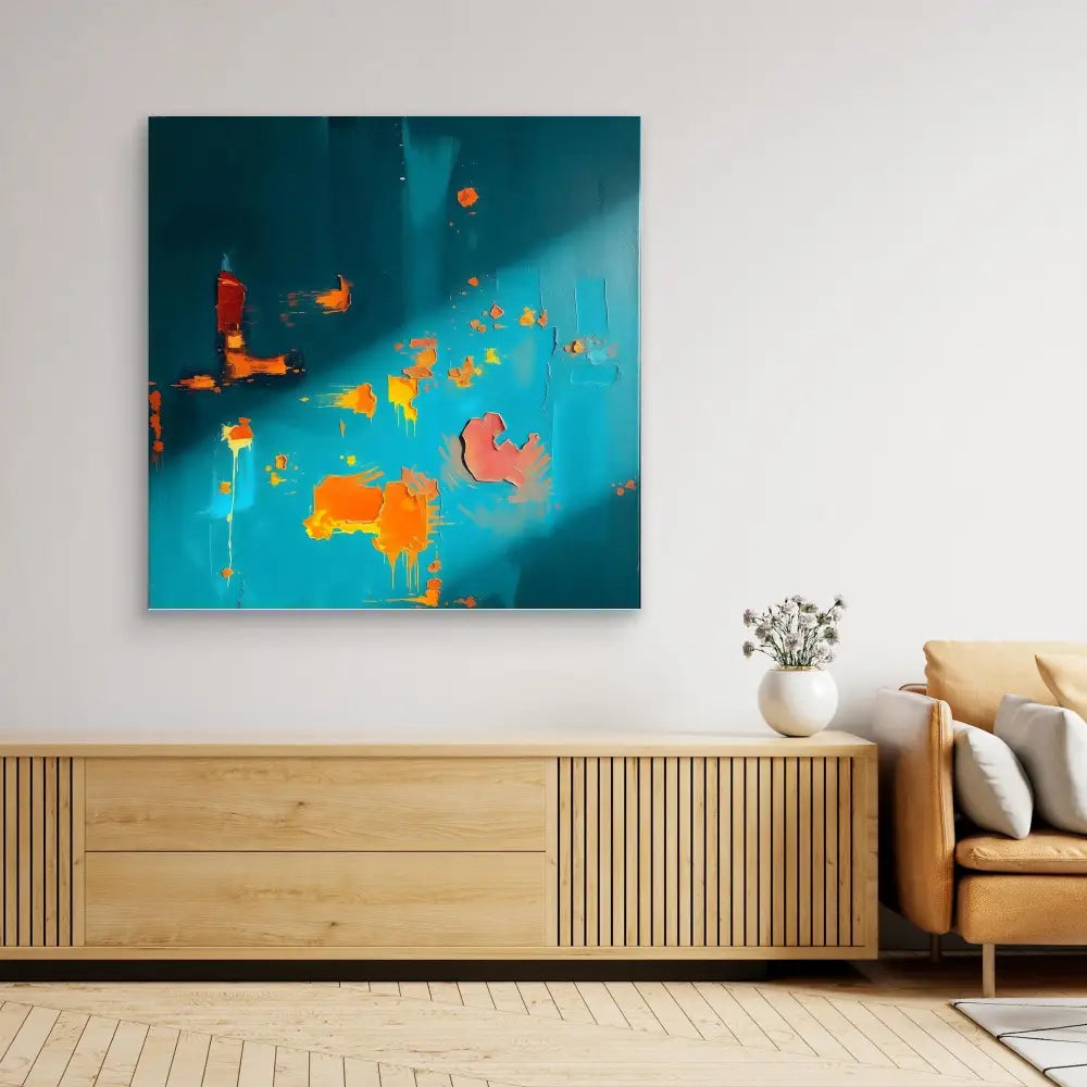 Abstract painting featuring vibrant orange splashes against a turquoise background.