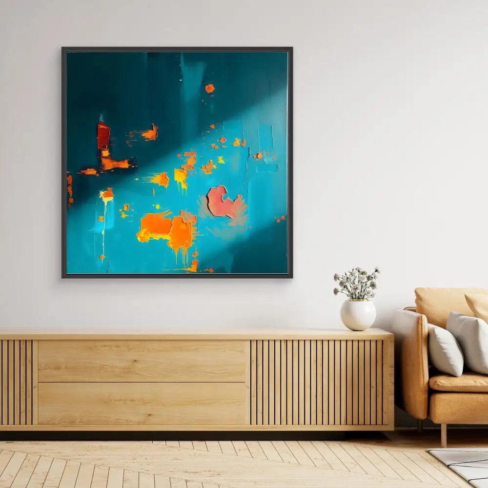 Abstract painting featuring vibrant orange splashes against a turquoise background.