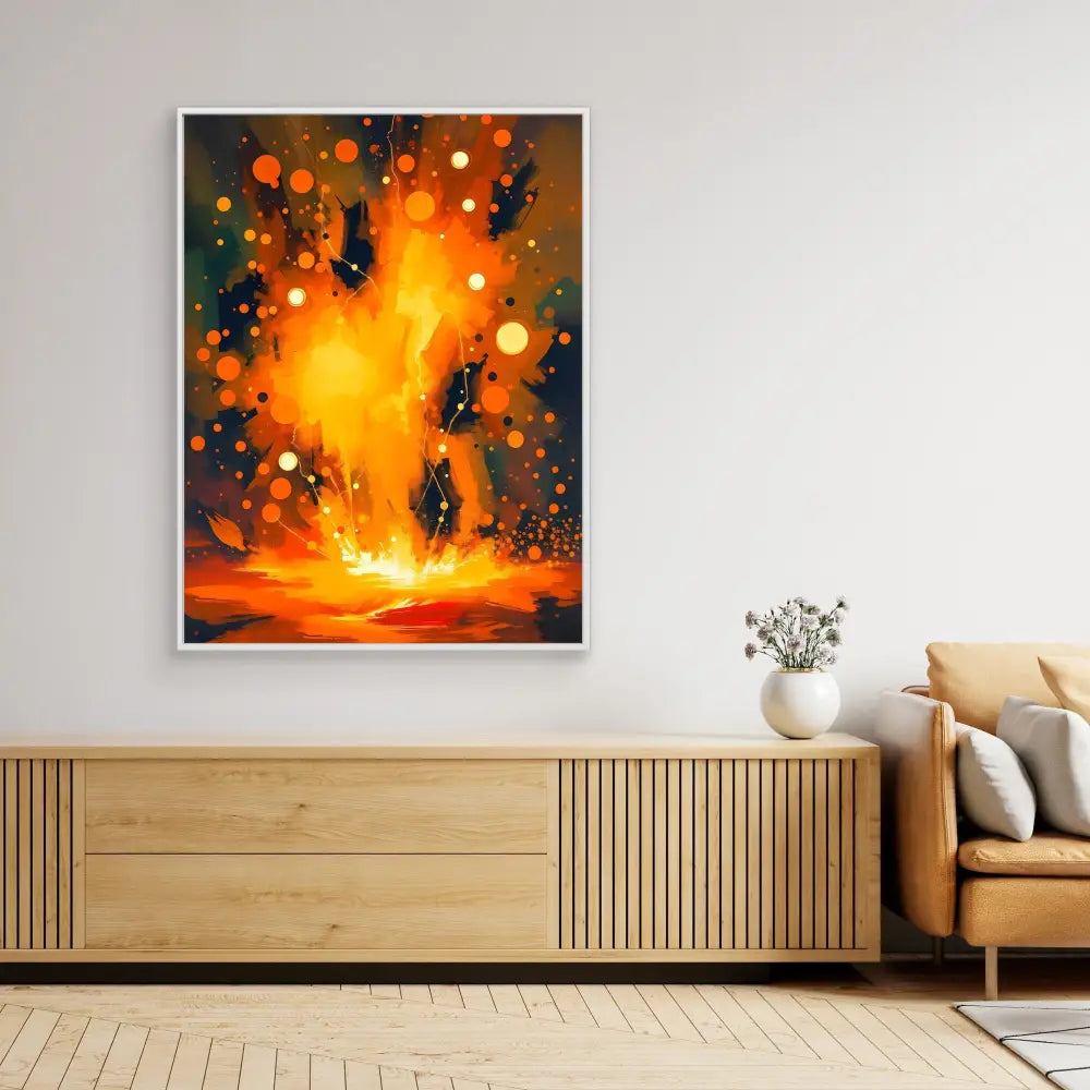 Abstract painting featuring vibrant orange and yellow bursts with floating orbs against a dark background.