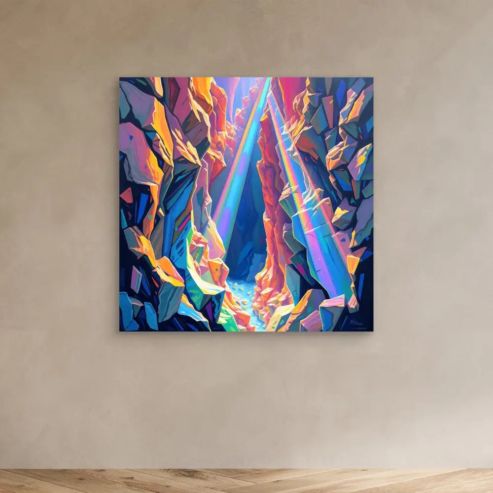 Abstract painting featuring vibrant swirling patterns in blue, pink, orange and purple with beam-like streaks of light.